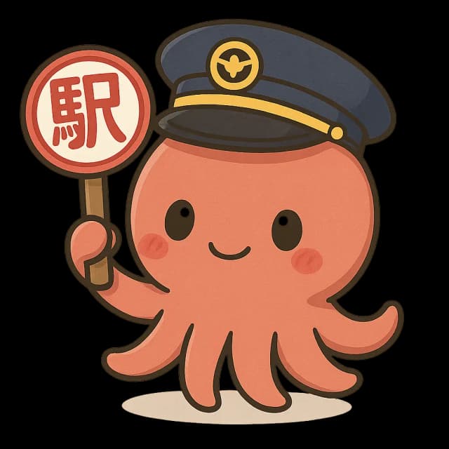 Takocho, a cute and friendly octopus wearing a train conductor hat